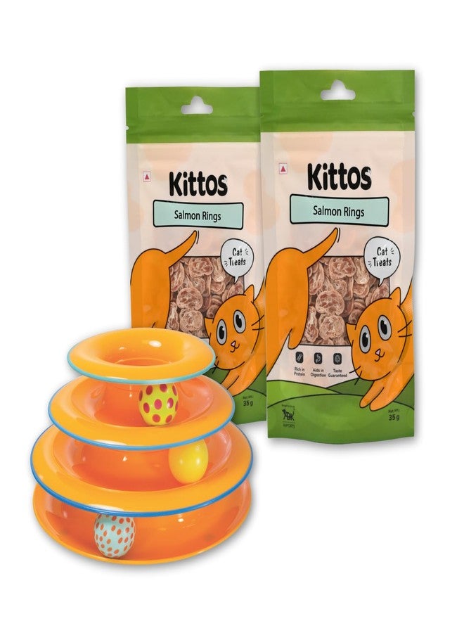 Petstages Combo of Petstages Tower of Track, Three Level Interactive Cat Toy Keeps Your Furry Friends enticed (14x17 cm) with 3 Pack of Kittos Salmon Rings Cat Treats, 35 g - Image 1